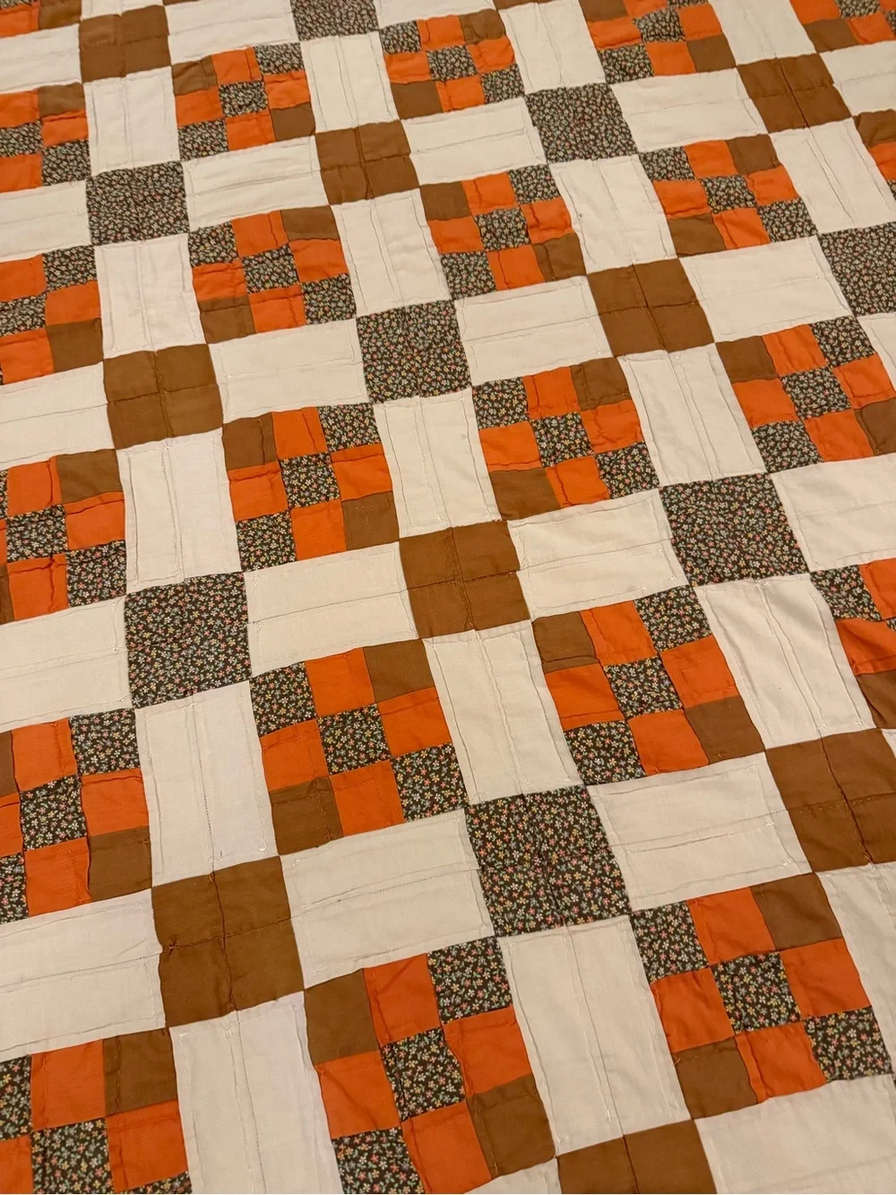 VTG Handmade Appalachian Granny Patchwork Quilt Cream, Orange & Brown 85 x 75